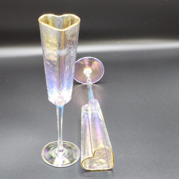 Heart Shape Gold Rimmed Iridescent Champagne Flute‎ Glass Drinkware 5oz Set Of 2 - Picture 2 of 16